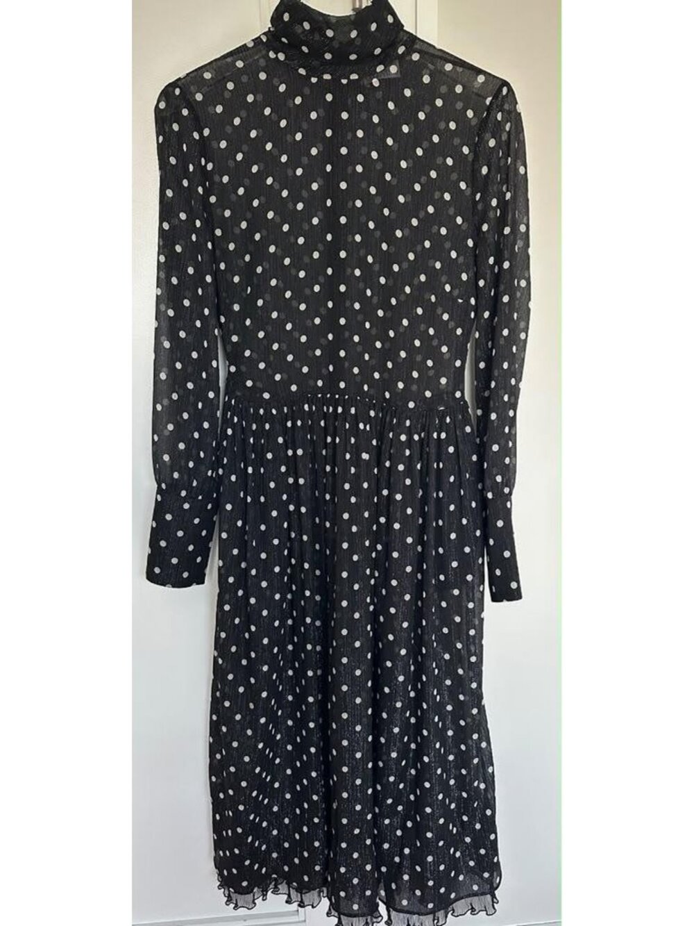 RED Valentino Women's Black Metallic Polka Dot Crepon Midi Dress Ruffle Neck 40